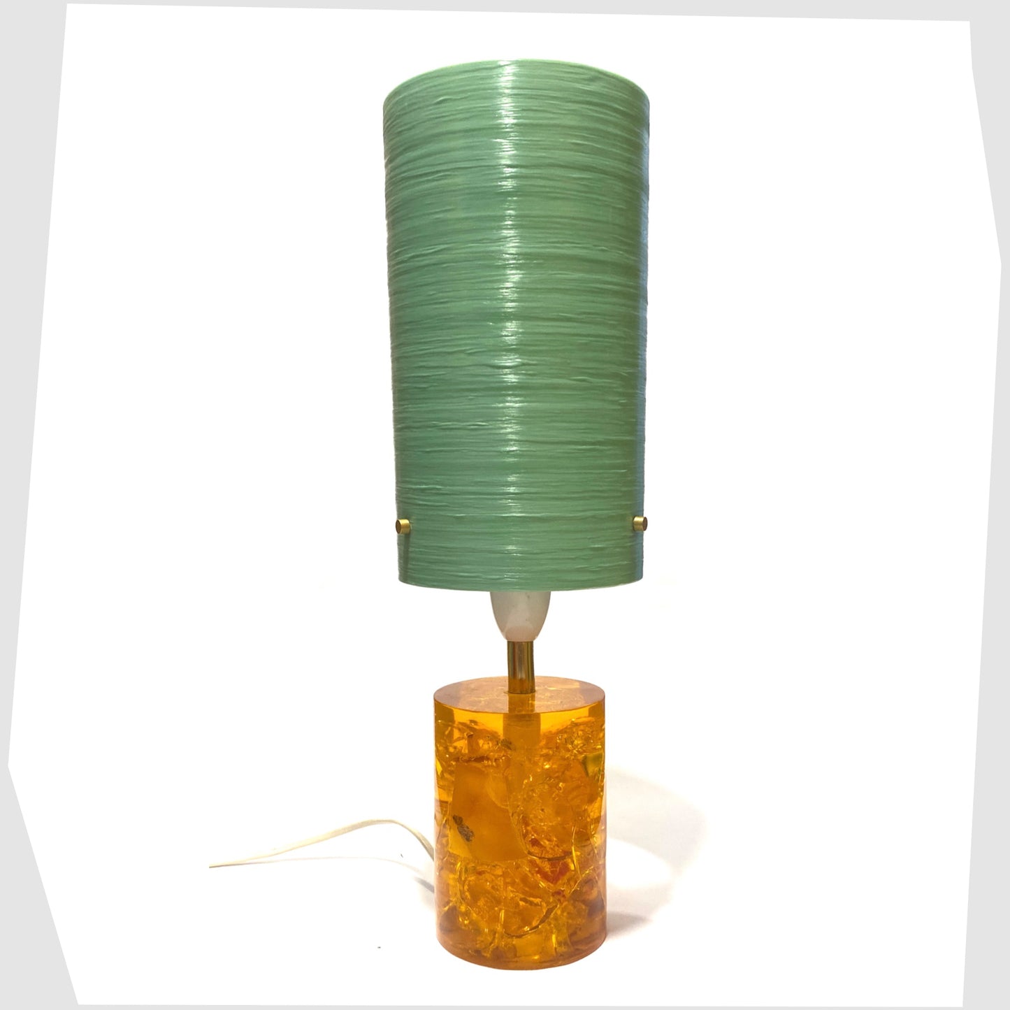 Royplast Spun Fibreglass Lamp Shade in mint green by By Royale, shown on an orange Shattaline table lamp base