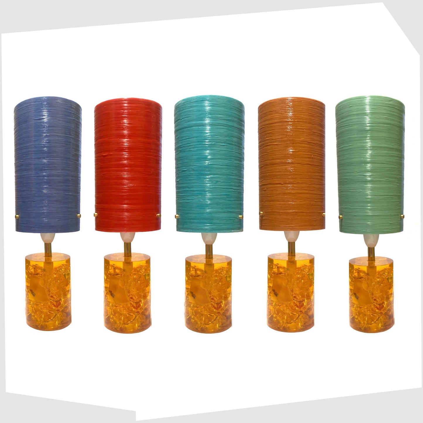 full collection of Royplast Spun Fibreglass Lampshade colours; blue, red, turquoise, orange and mint