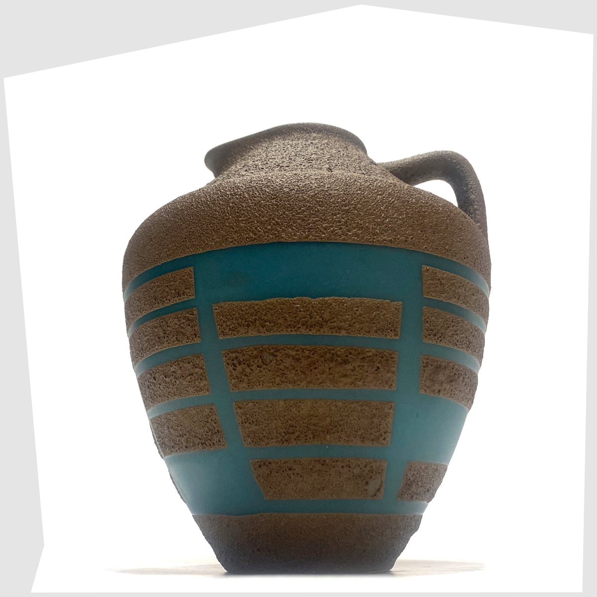 West German Pottery Steuler Keramik 4321/00 Vase in teal glaze with matte fat lava geometric shapes, shown on a white background