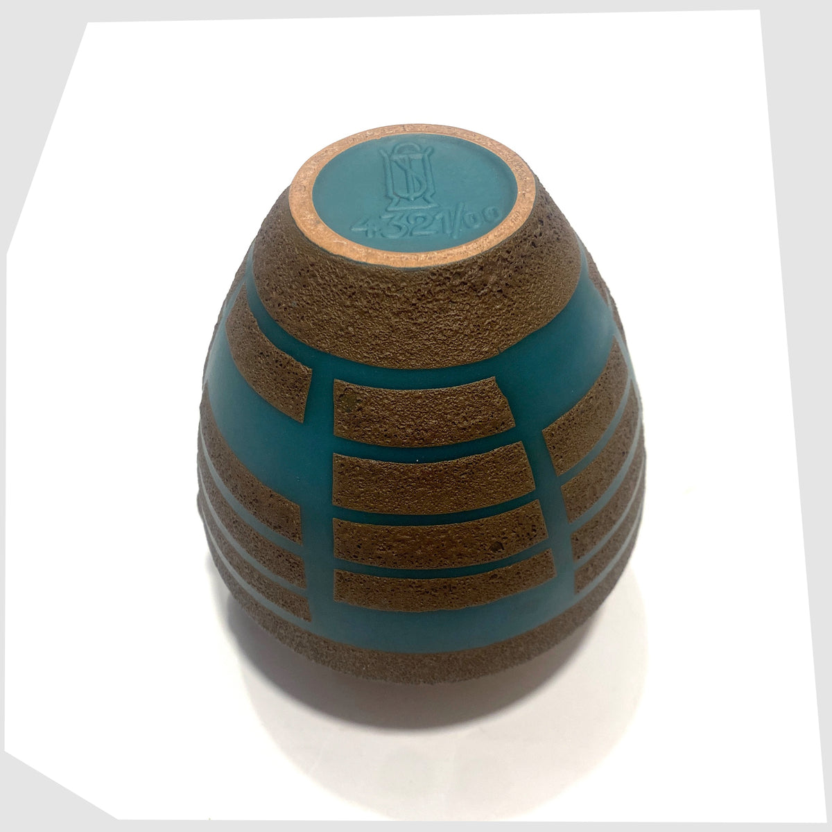 Impressed markings of the Steuler Keramik 4321/00 Vase in teal glaze with matte fat lava geometric shapes, shown on a white background