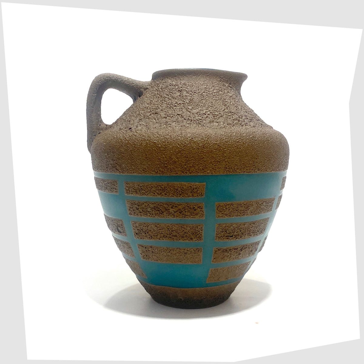 Early 1960s Steuler Keramik 4321/00 Vase in teal glaze with matte fat lava geometric shapes, shown on a white background