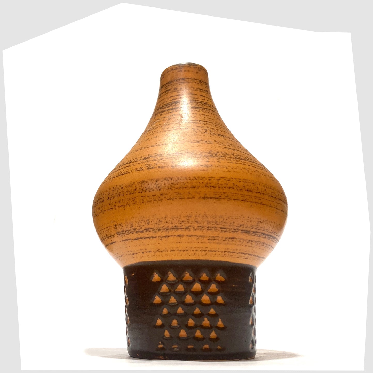 Vintage Strehla Keramik 1182 Vase with a bold architectural form in burnt range and chestnut brown glaze, shown on a white background