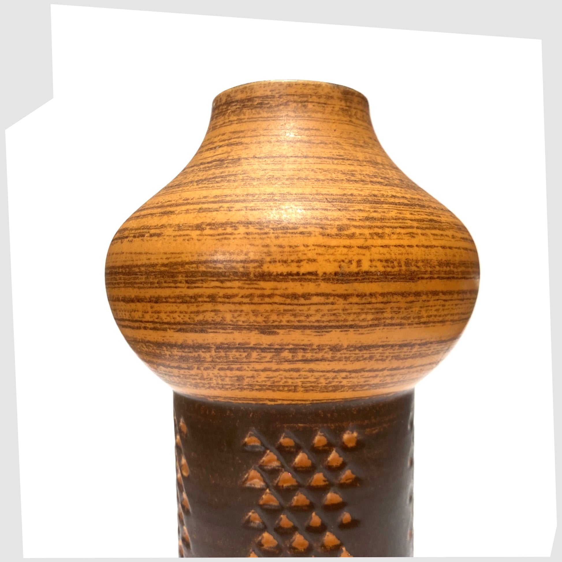 Top section of the Strehla Keramik 1180 Vase with architectural mushroom form in burnt orange glaze with artistic geometric pattern, shown on a white background