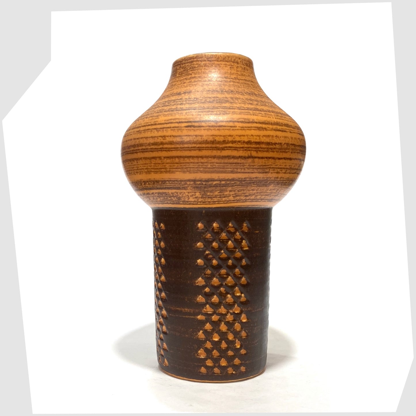 Strehla Keramik 1180 Vase in burnt orange glaze with artistic geometric pattern, shown on a white background