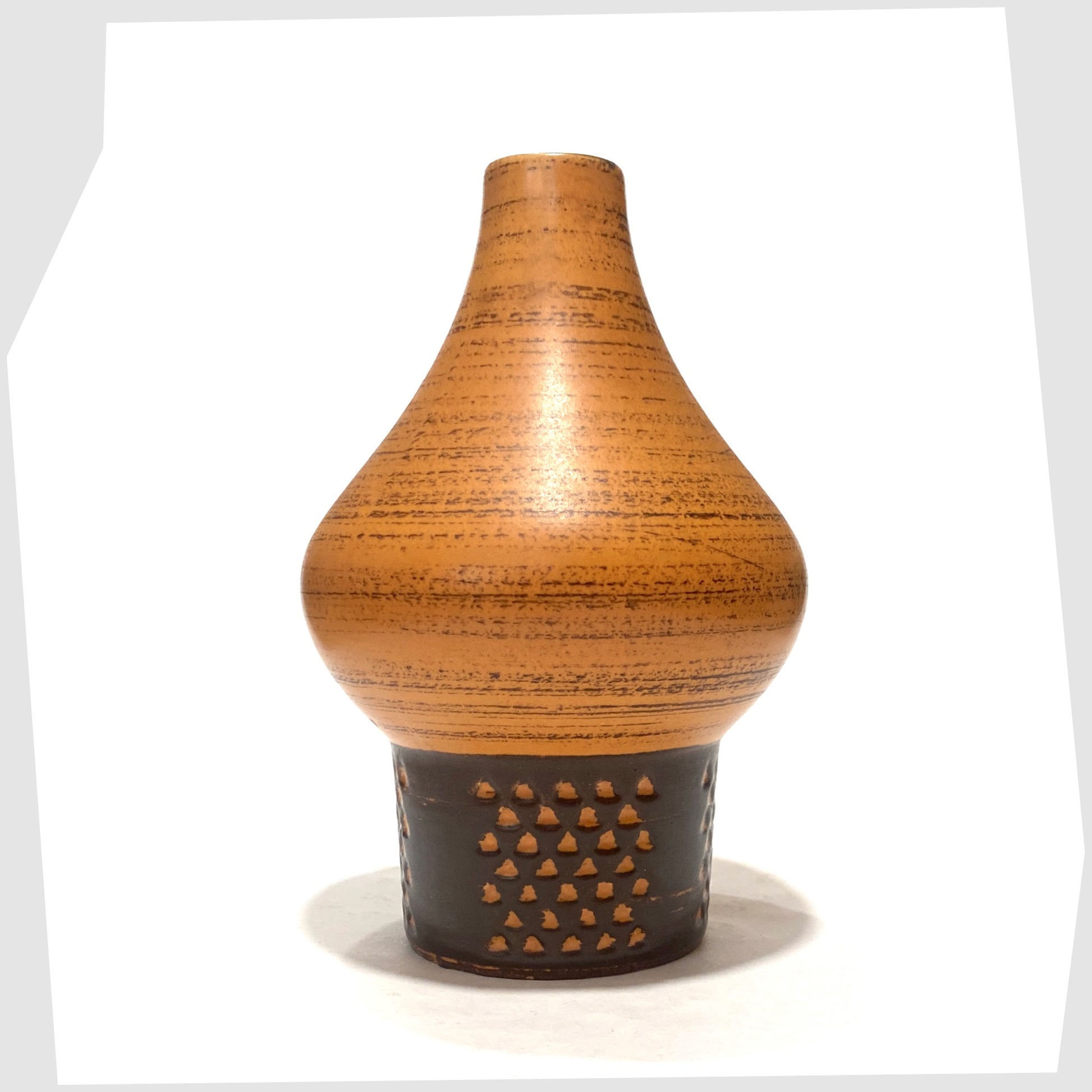 Strehla Keramik 1182 Vase with a bold architectural form in burnt range and chestnut brown glaze, shown on a white background