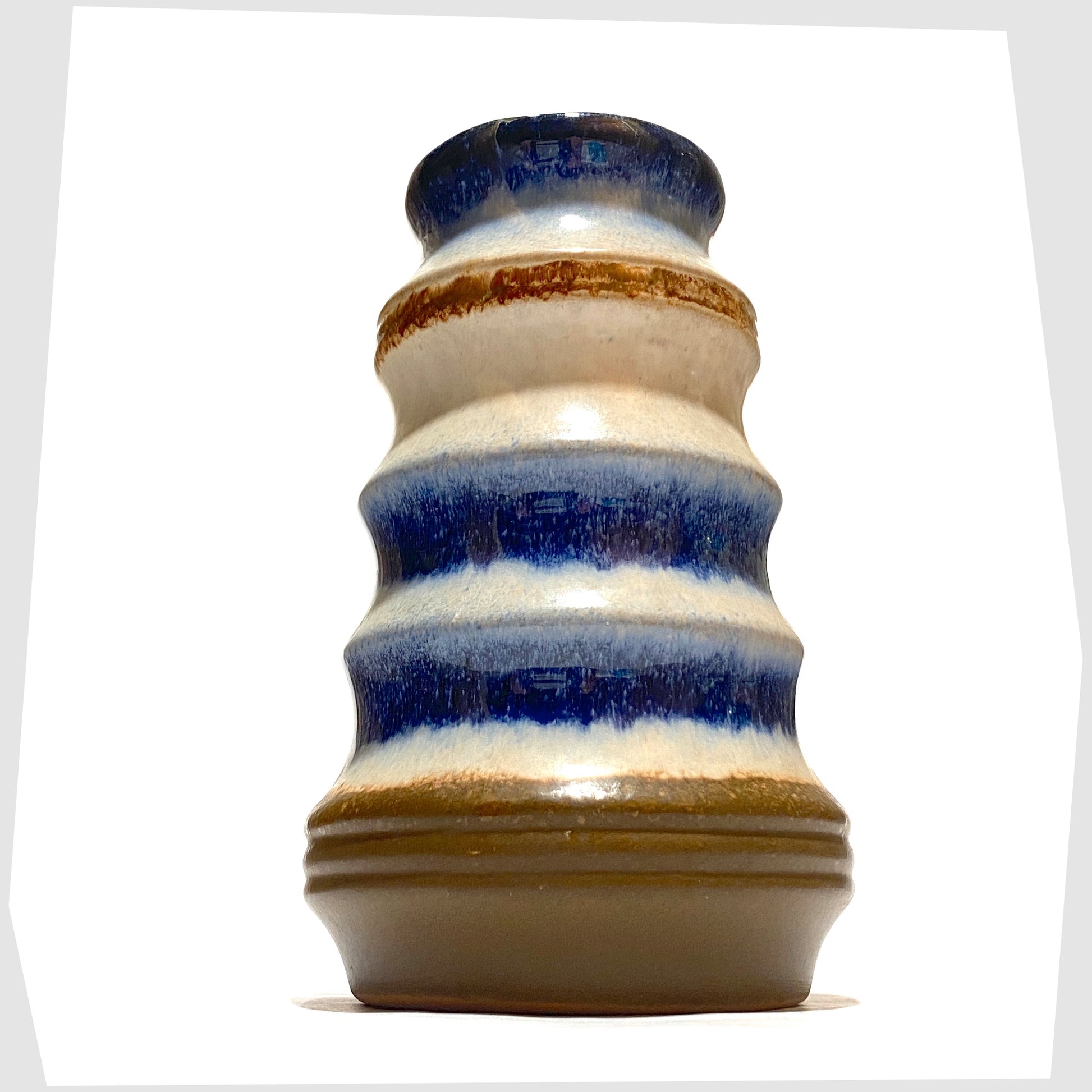 vintage East German Strehla Keramik Pagoda Vase finished in rings of white, blue and brown glaze