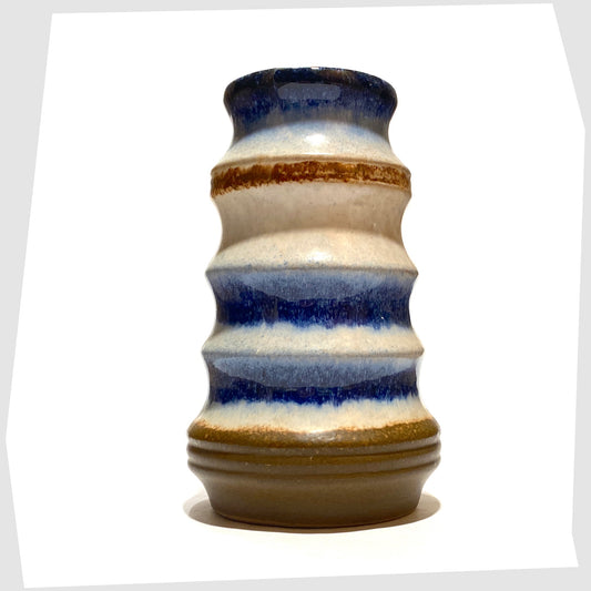 vintage Strehla Keramik Pagoda Vase finished in rings of white, blue and brown glaze