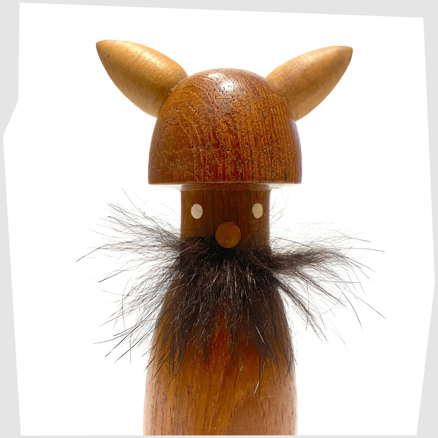 Close up of the Teak Wooden Viking Corkscrew/Figurine with faux fur moustache