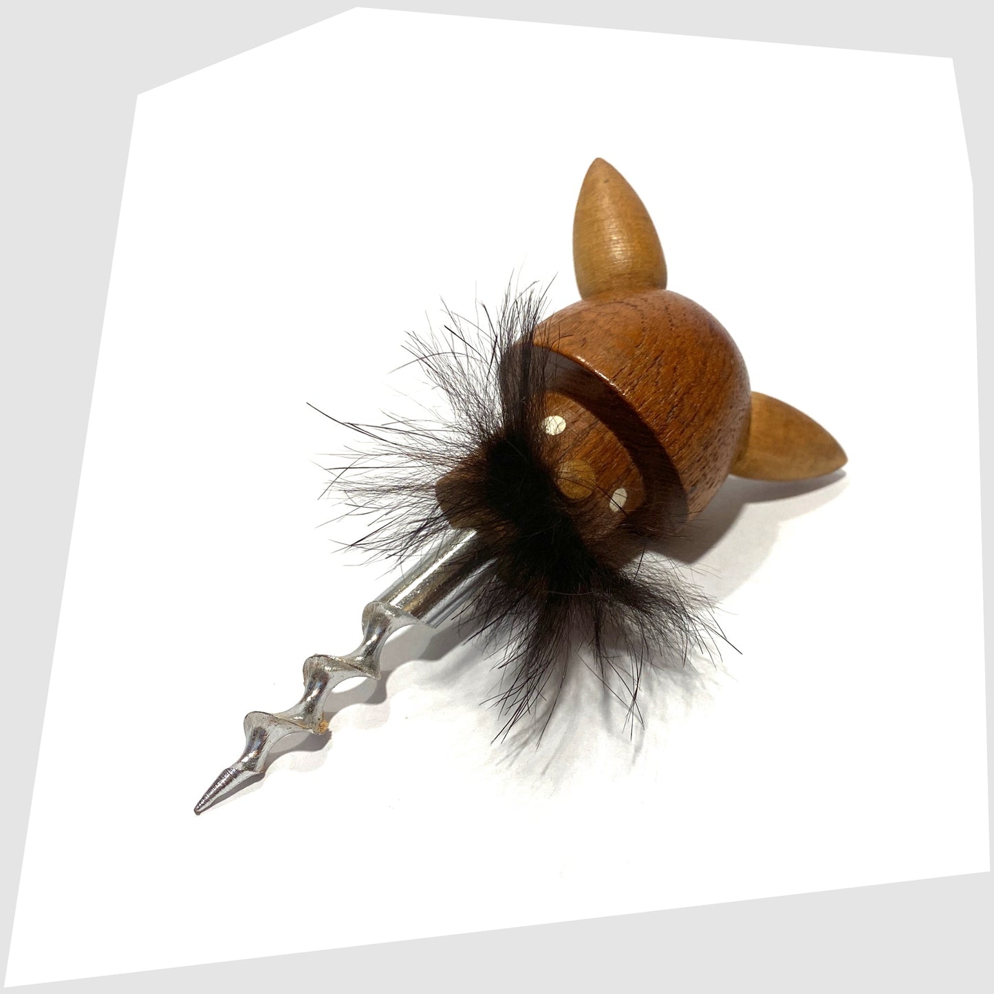Teak Wooden Viking Corkscrew/Figurine with faux fur moustache