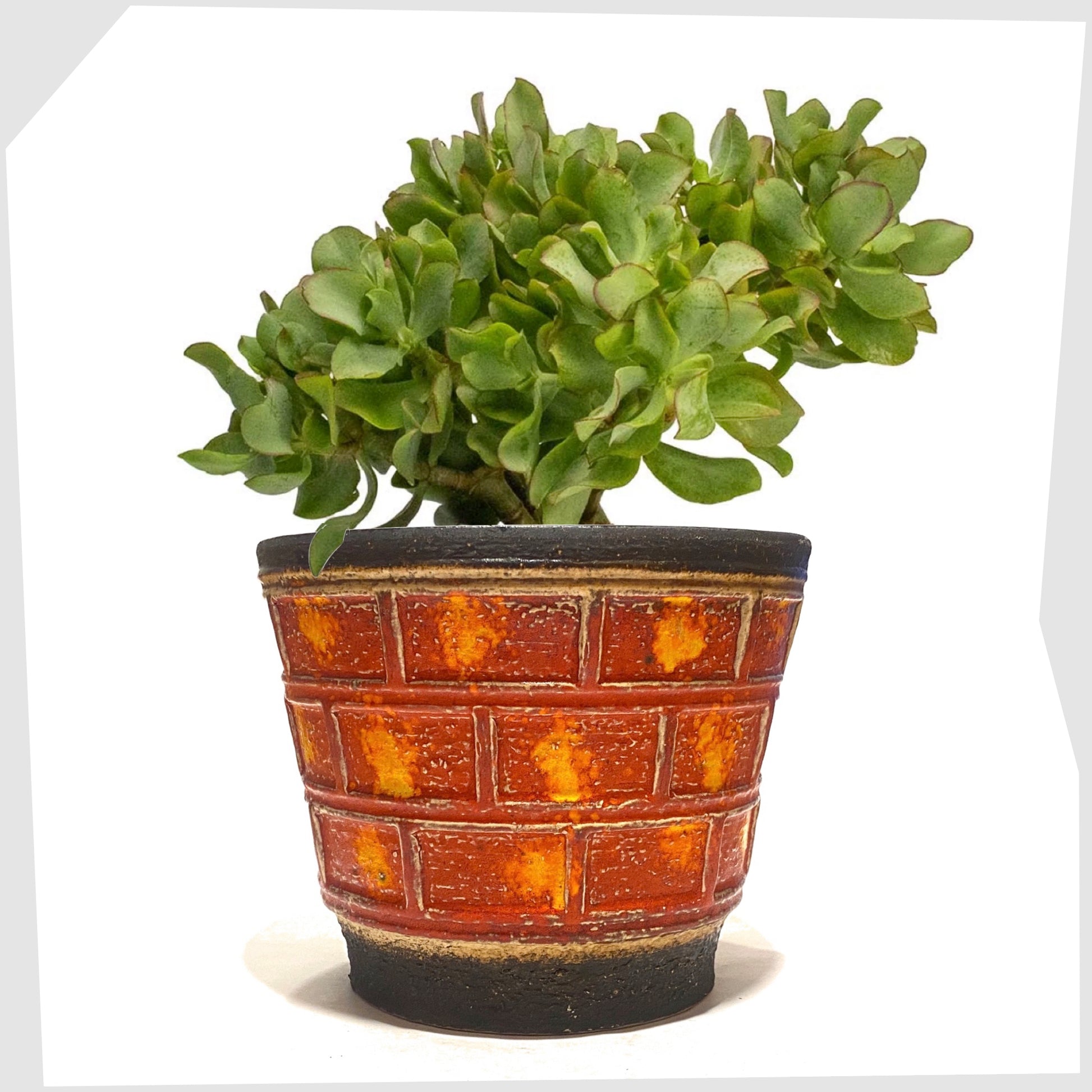 U-Keramik 207/17 Planter in a red and orange tile pattern, shown with a succulent inside