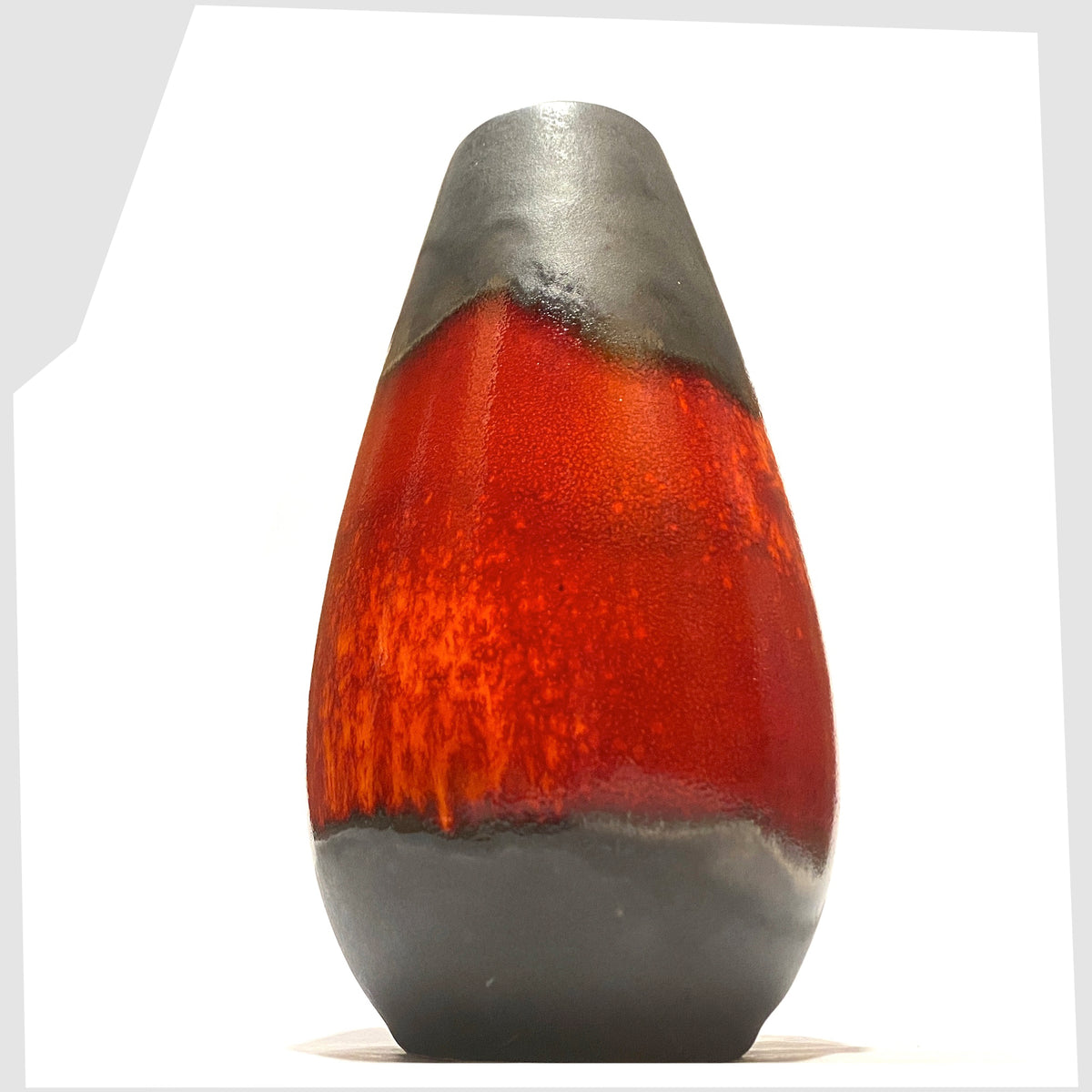 1970s West German Pottery U-Keramik 455/20 Vase in matte grey glaze with a central band of fiery red and volcanic orange, shown on a white background