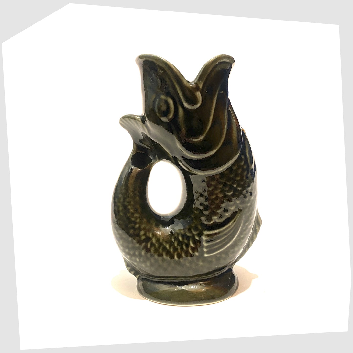 vintage dartmouth pottery gluggle jug in dark olive green glaze