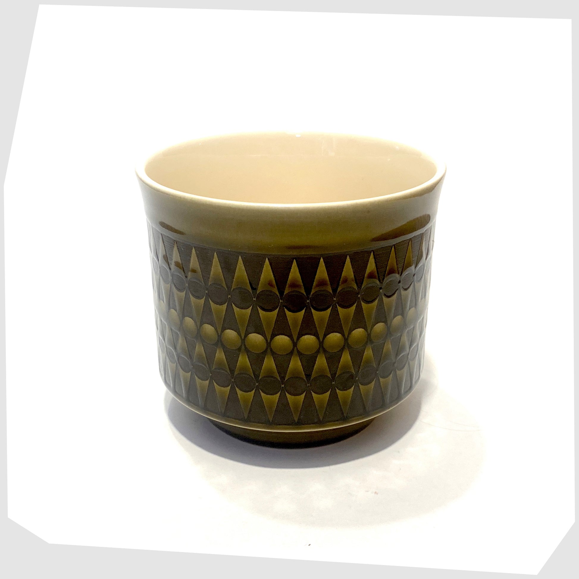 vintage hornsea pottery plant pot, green glazing with black backgammon print and white glazed interior
