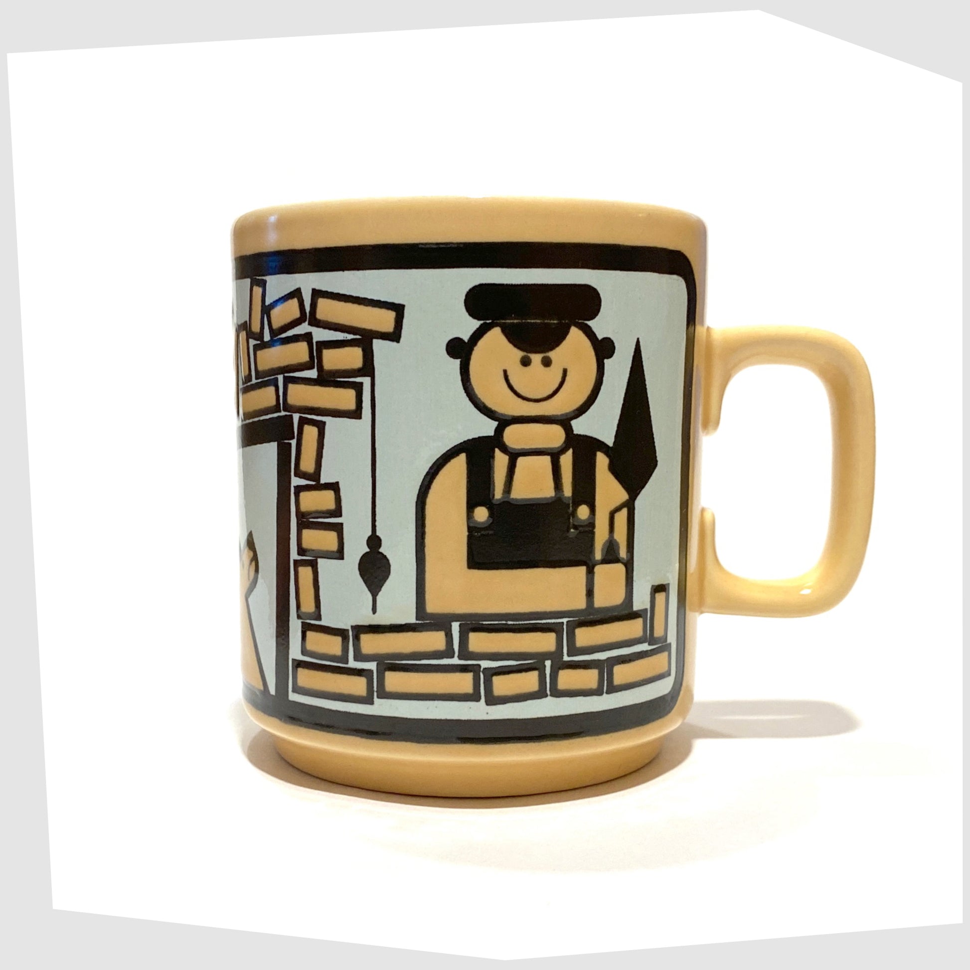 Hornsea Pottery The Worlds Best Builder ceramic mug with John Clappisons illustration of a builder alongside his wonky brickwork