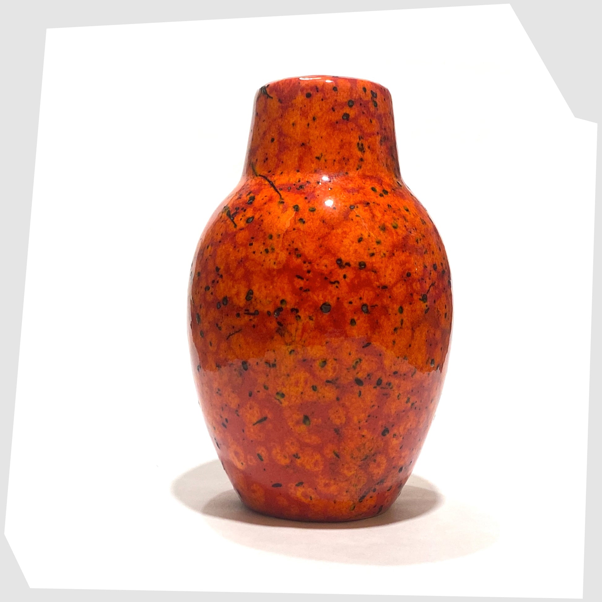 1970s Scheurich Keramik 414-16 Vase in a Fire glaze of orange and red flecks with black speckles