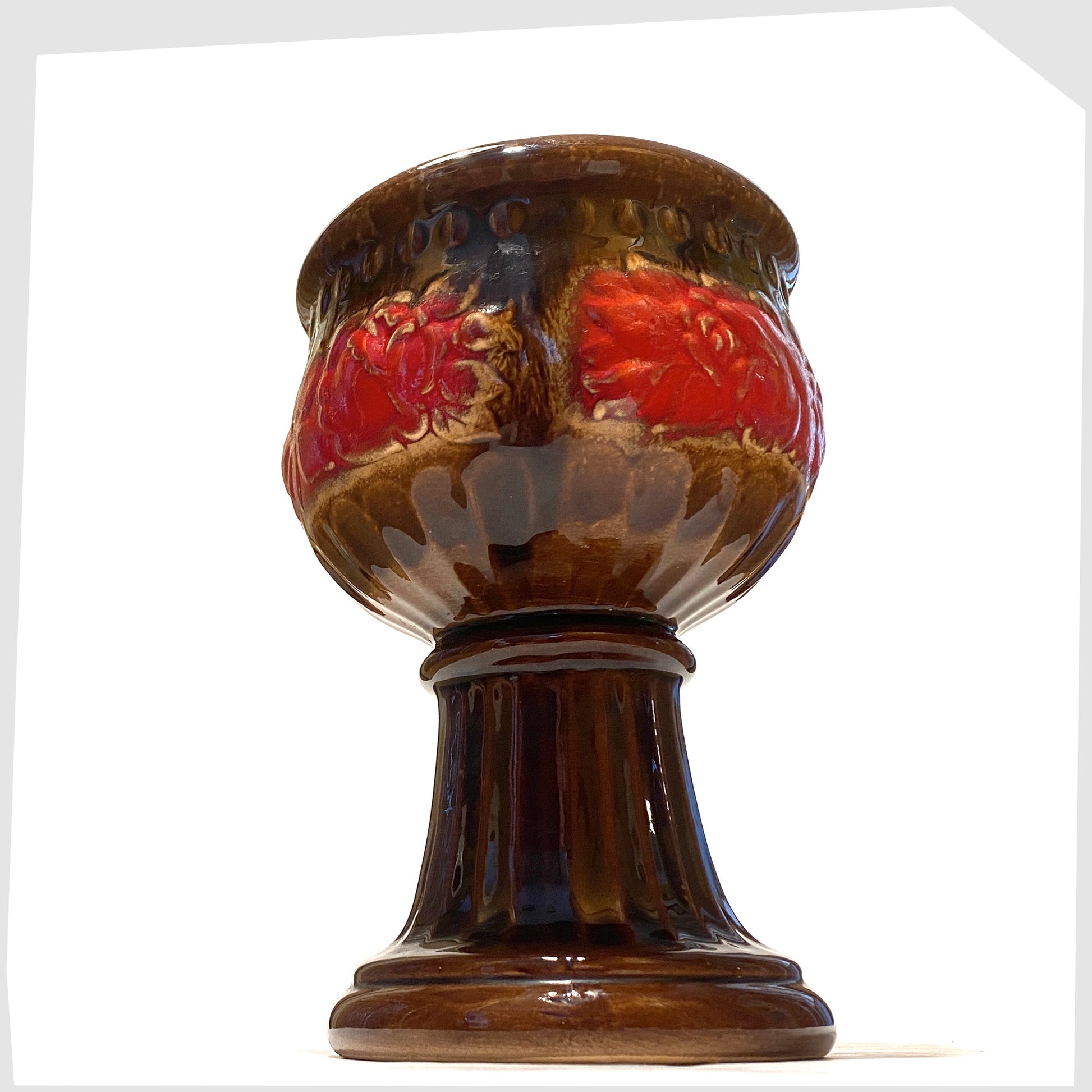 1970s schuerich keramik 706-23 footed planter in chestnut glaze with central band of volcanic red glaze