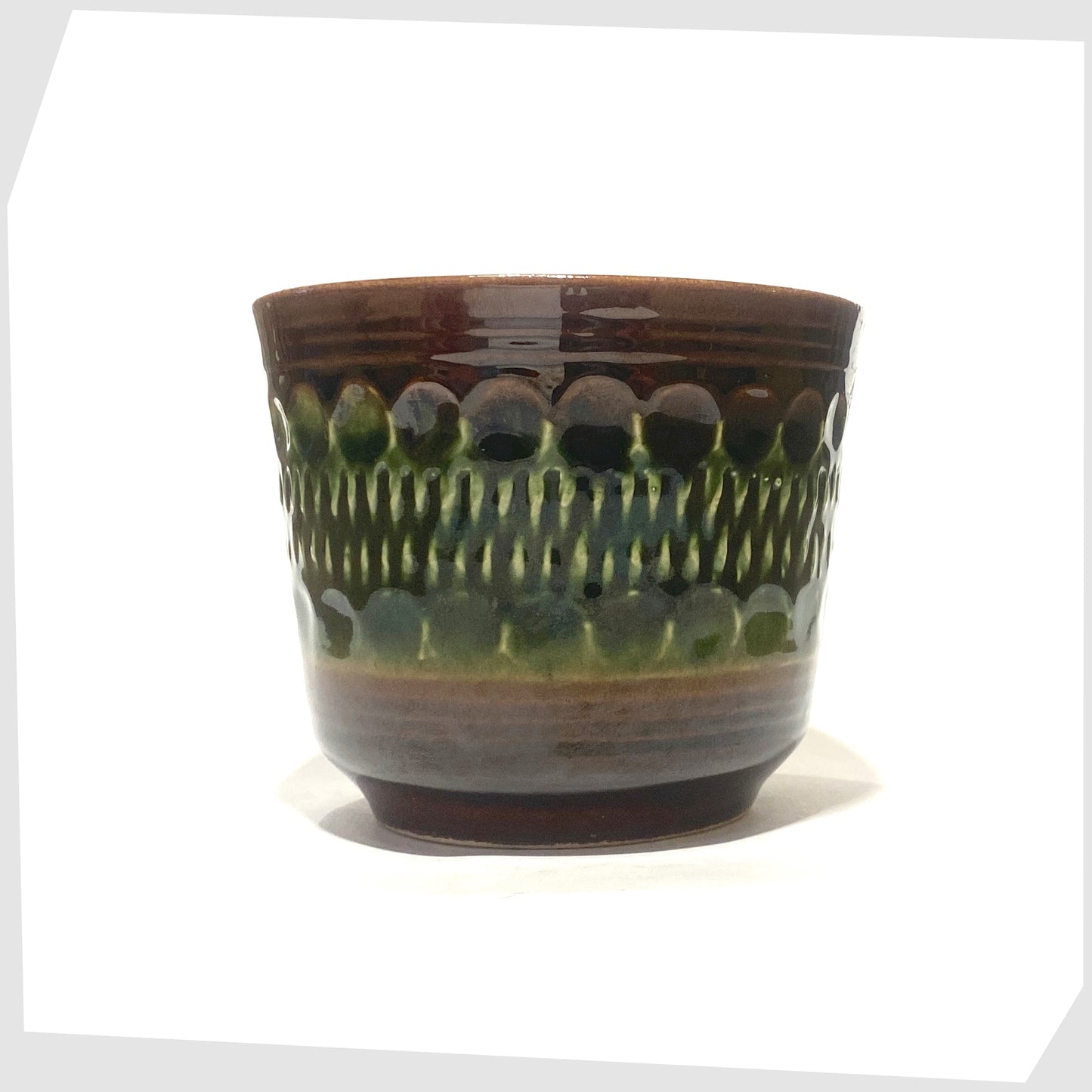 west german bay keramik 44-12 planter featuring a textured chestnut brown base with green central band