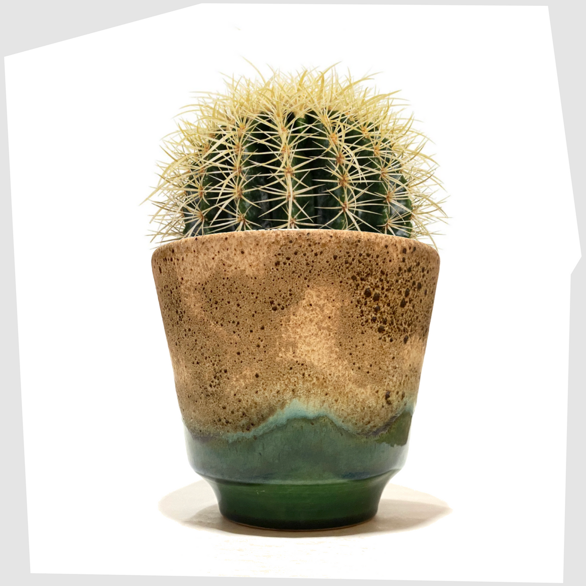 West German Pottery Planter finished in green glaze with cascading matte fat lava glaze, shown with a cacti inside