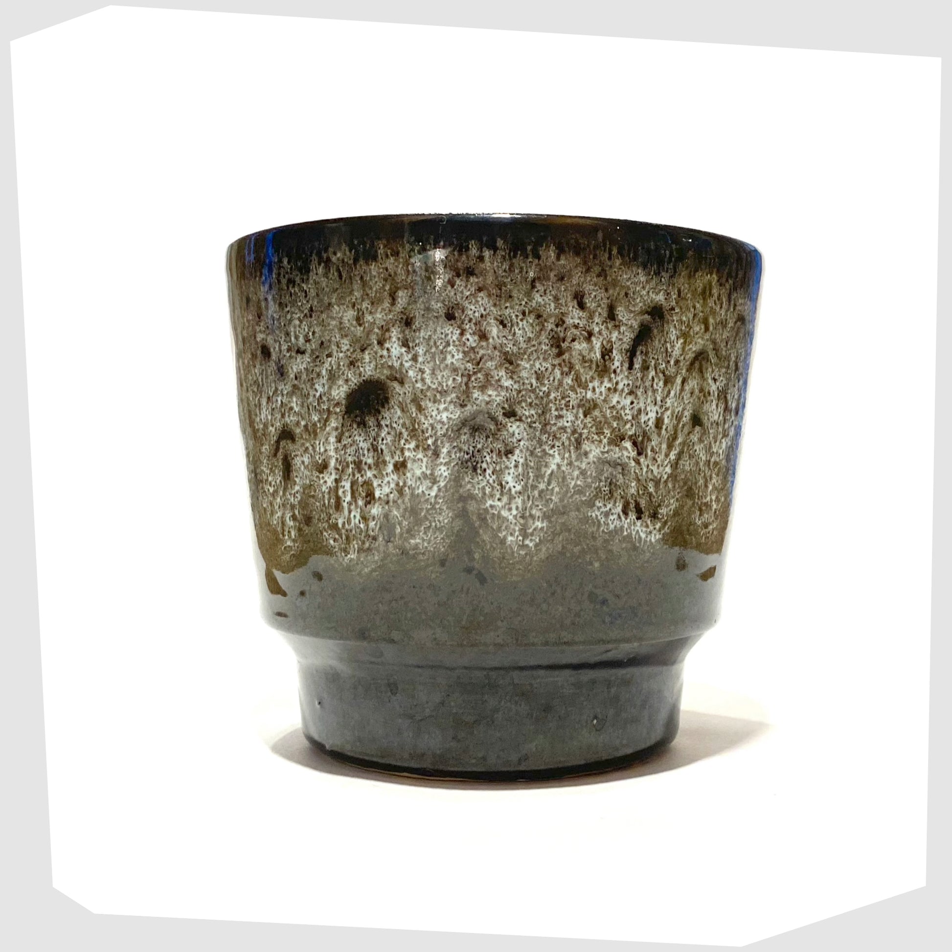 west german pottery planter with grey fat lava drip glazing