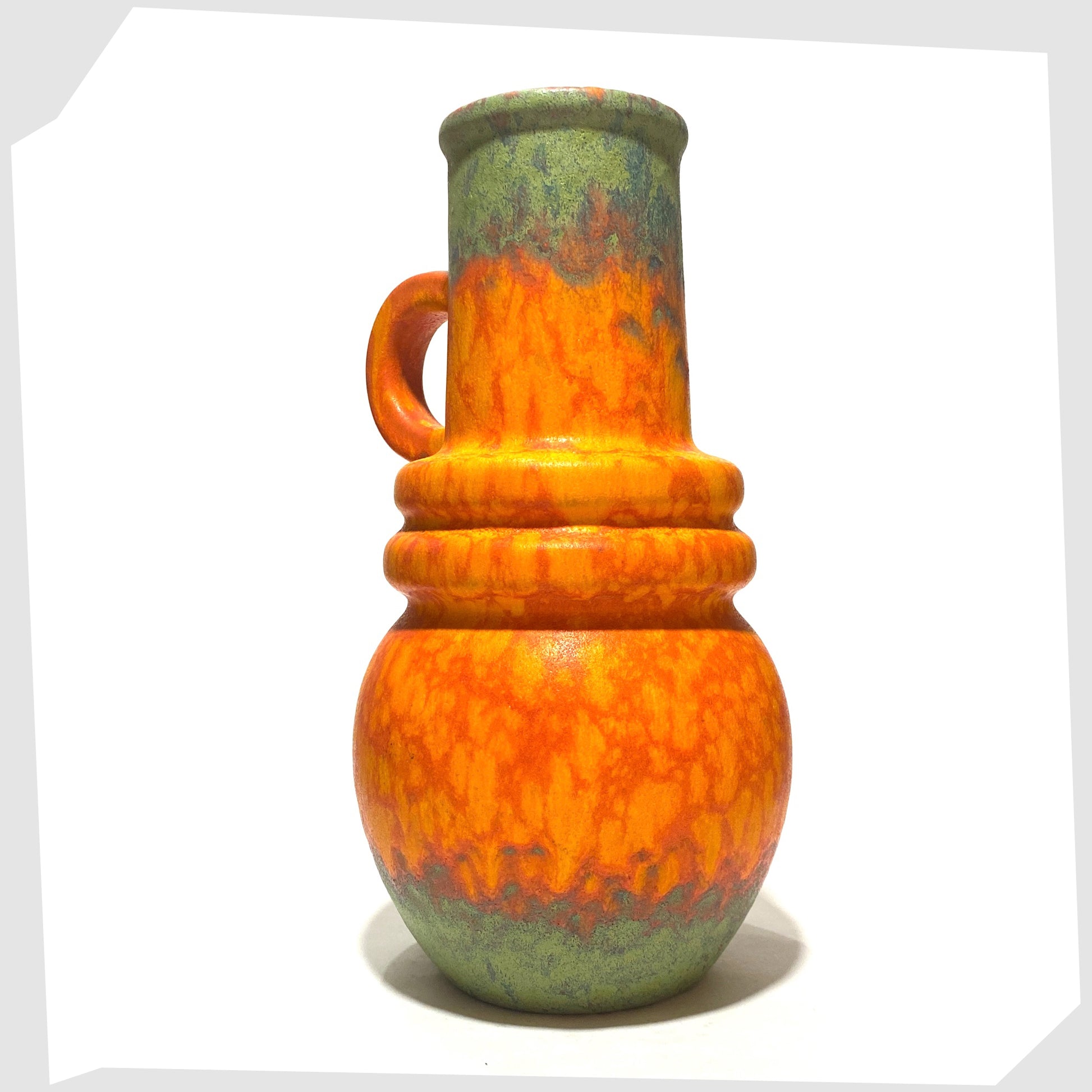 scheurich keramik 428-26 vase with hooped neck on a spherical base finished in a volcanic orange glaze with vivid matte green