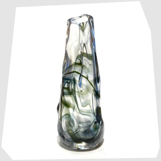 whitefriars glass knobbly vase made from clear glass with a green streak