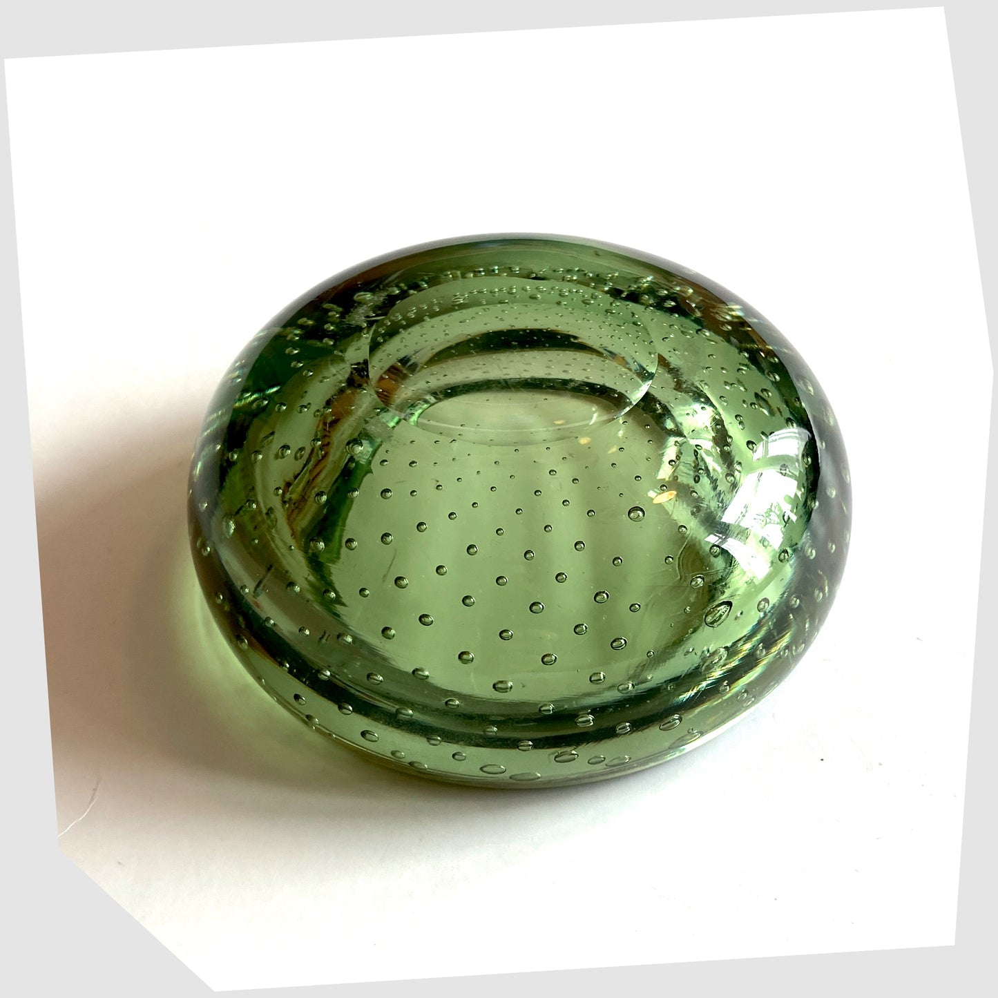 Base of the Whitefriars Controlled Bubble Dish in Green Glass