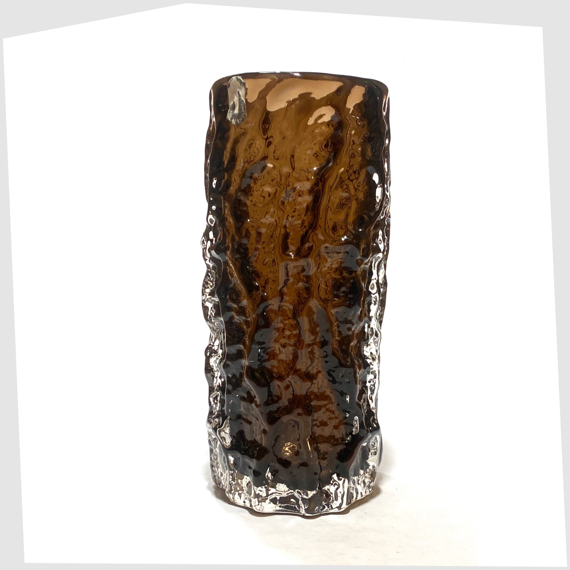 Whitefriars Glass Bark Vase (pattern 9690), designed by Geoffrey Baxter, finished in a cinnamon colour way, shown on a white background