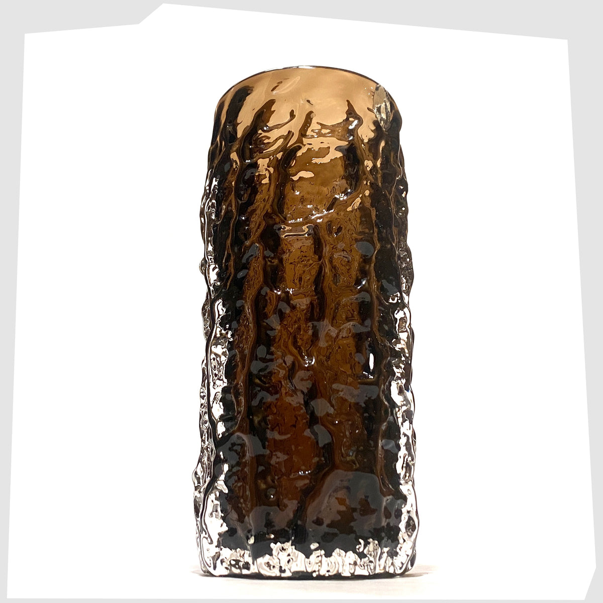 Vintage Whitefriars Glass Bark Vase (pattern 9690), designed by Geoffrey Baxter, finished in a cinnamon colour way, shown on a white background
