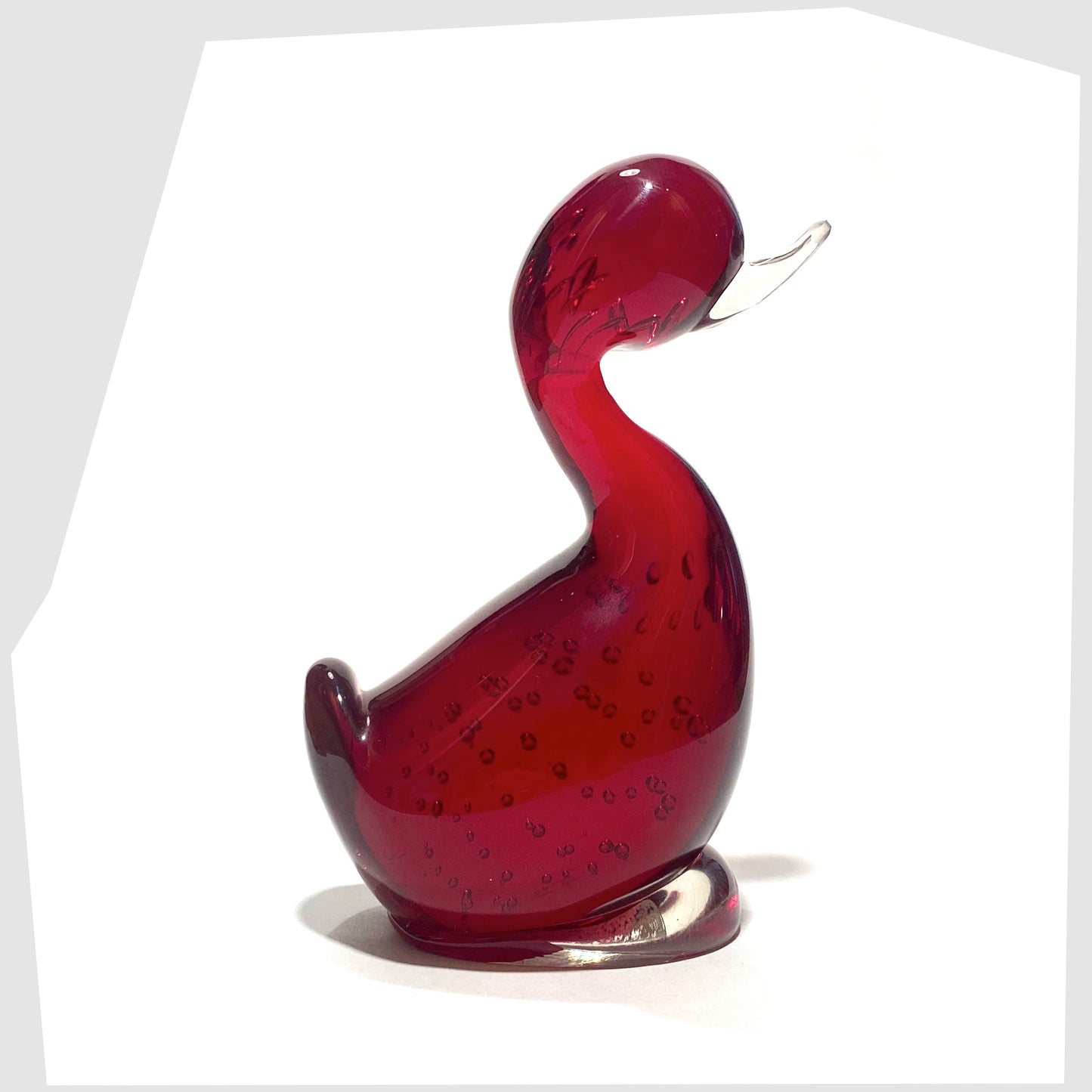 Ruby Red Whitefriars Glass Dilly Duck figurine with controlled bubble design