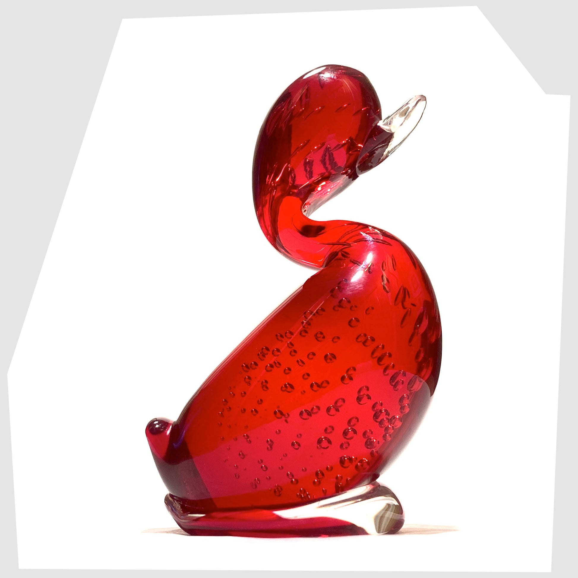 vintage whitefriars glass dilly duck ornament in ruby red glass with controlled bubbles