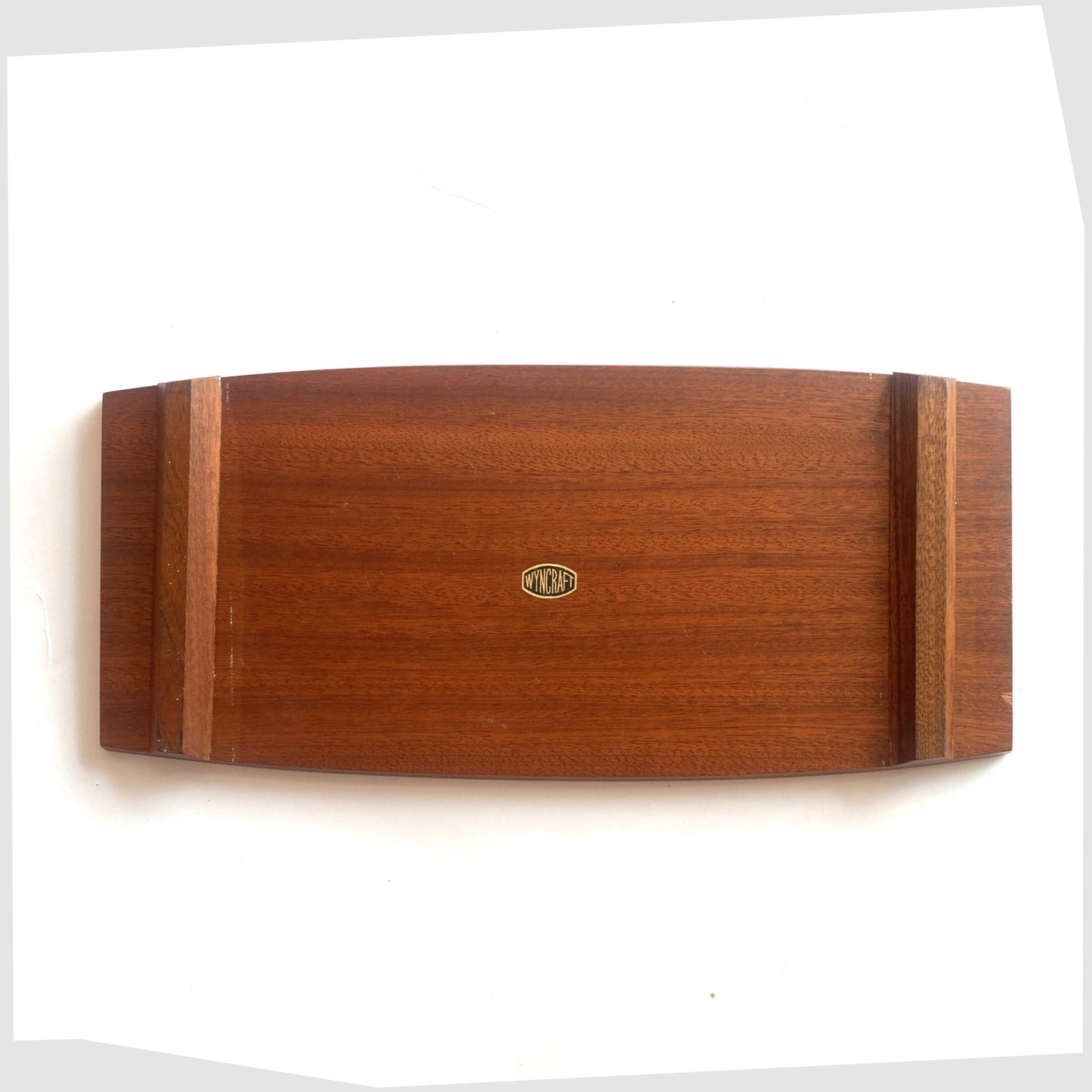 Rear of the Wyncraft Serving Tray made of teak woodd with matching pair of Alan Wallwork Ceramic Tiles, shown on a white background