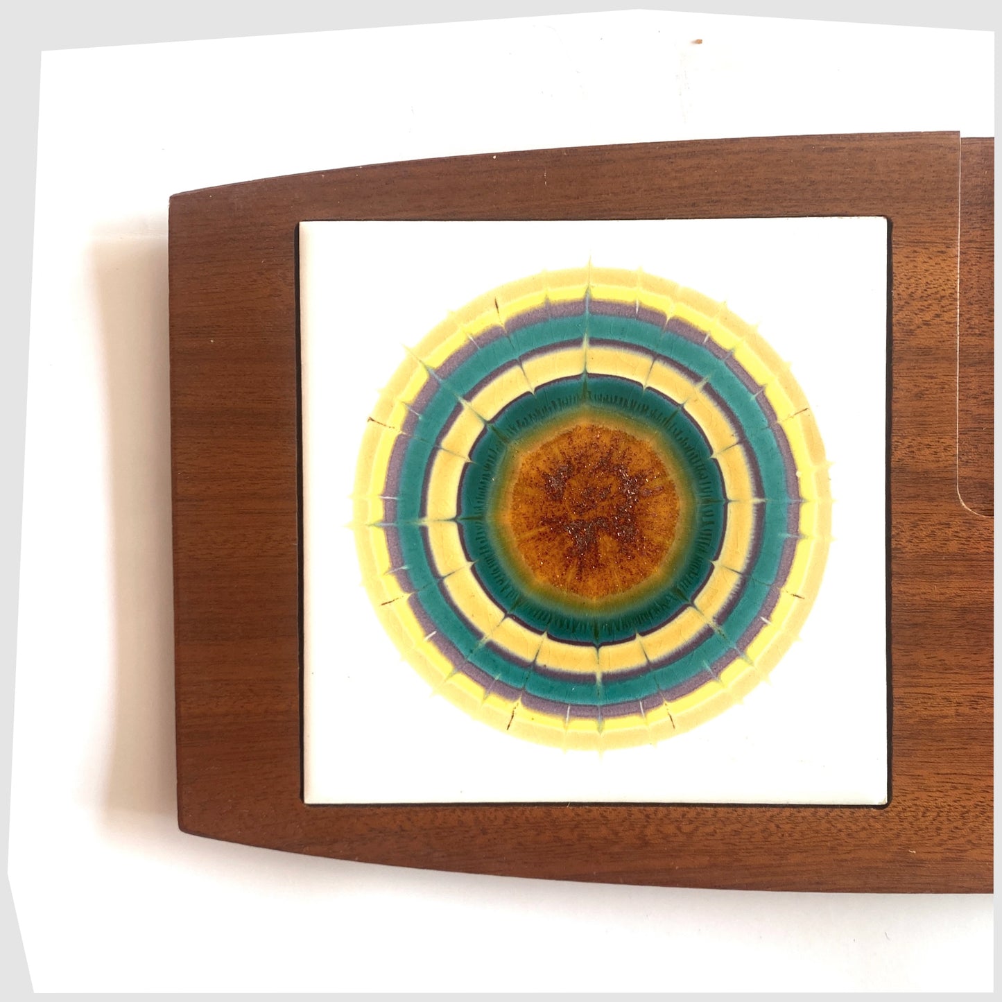 Close up of the Wyncraft Serving Tray made of teak woodd with matching pair of Alan Wallwork Ceramic Tiles, shown on a white background