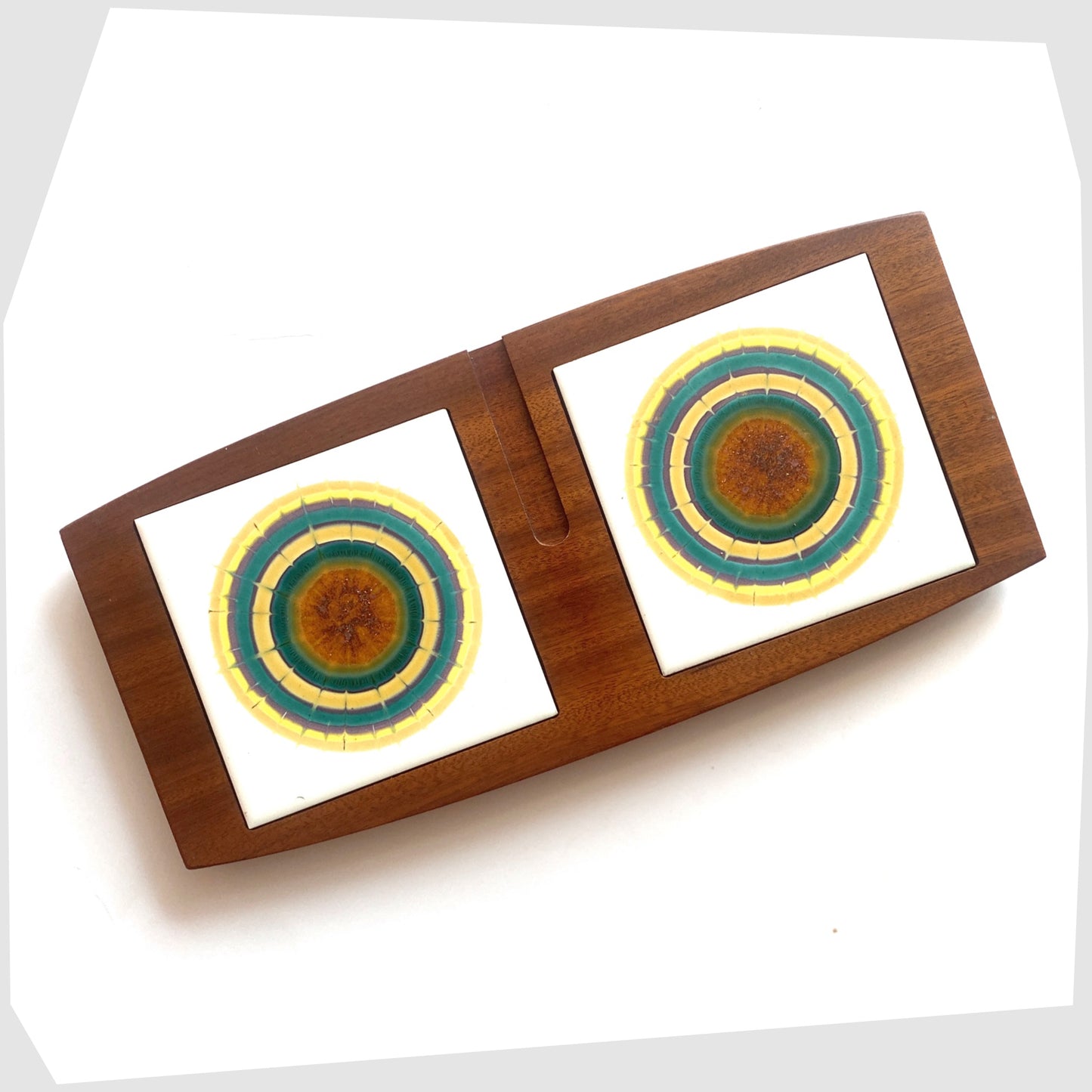 Vintage Wyncraft Teak Serving Tray with matching pair of Alan Wallwork Ceramic Tiles, shown on a white background