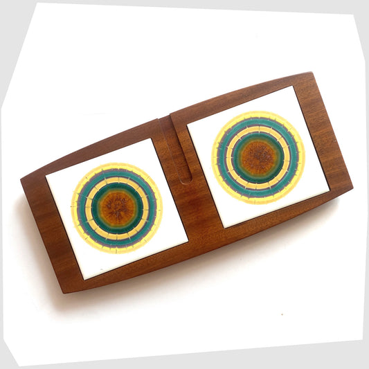 Vintage Wyncraft Teak Serving Tray with matching pair of Alan Wallwork Ceramic Tiles, shown on a white background