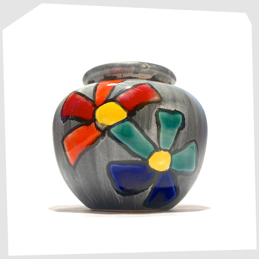 Zell Schider 3664 Vase in grey glaze with multicoloured stylised flower design